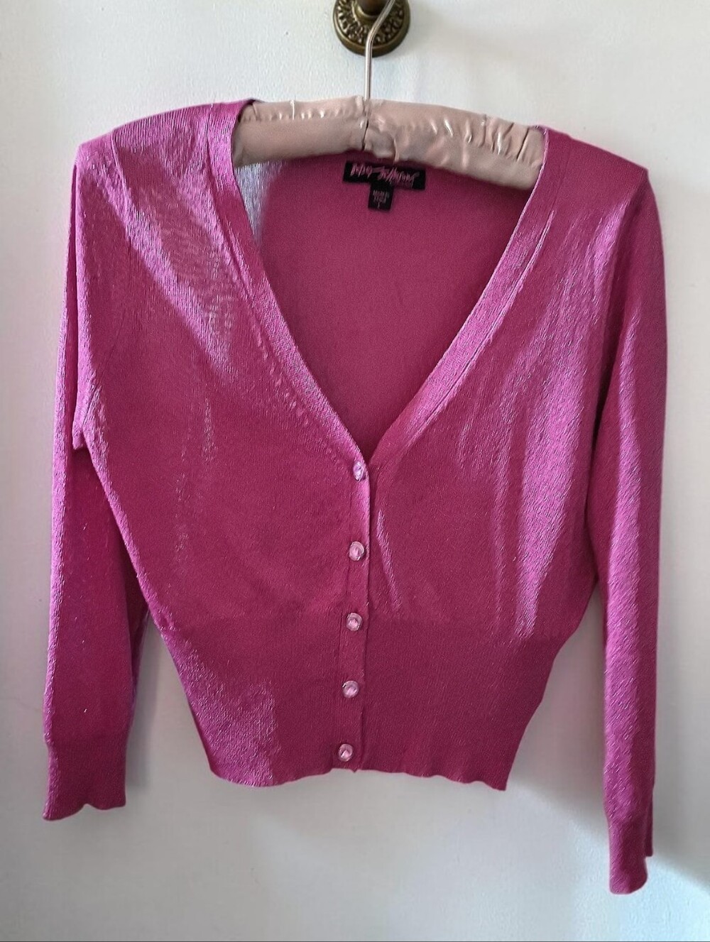 Vintage Betsey Johnson Metallic Fuchsia Pink Cardigan Y2K